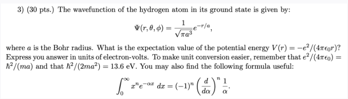 Solved 3 30 Pts The Wavefunction Of The Hydrogen Atom In