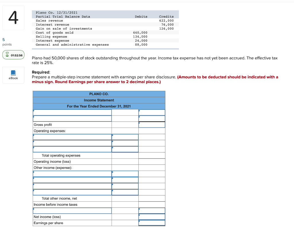 Solved 4 Debits Plano Co. 12/31/2021 Partial Trial Balance | Chegg.com