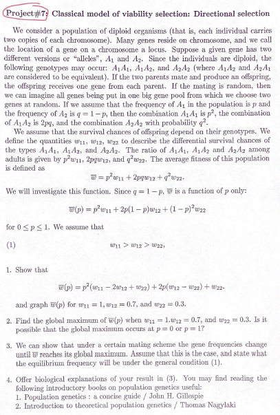 Solved Project #7: Classical model of viability selection: | Chegg.com