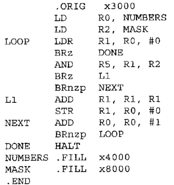 \begin{tabular}{lll} 
& .ORIG & \multicolumn{1}{l}{ X3000 } \\
& LD & R0, NUMBERS \\
& LD & R2, MASK \\
LOOP & LDR & R1, R0, 