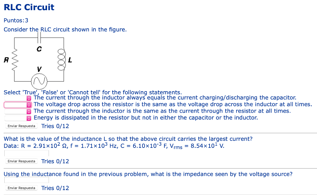 Solved RLC Circuit Puntos:3 Consider the RLC circuit shown | Chegg.com