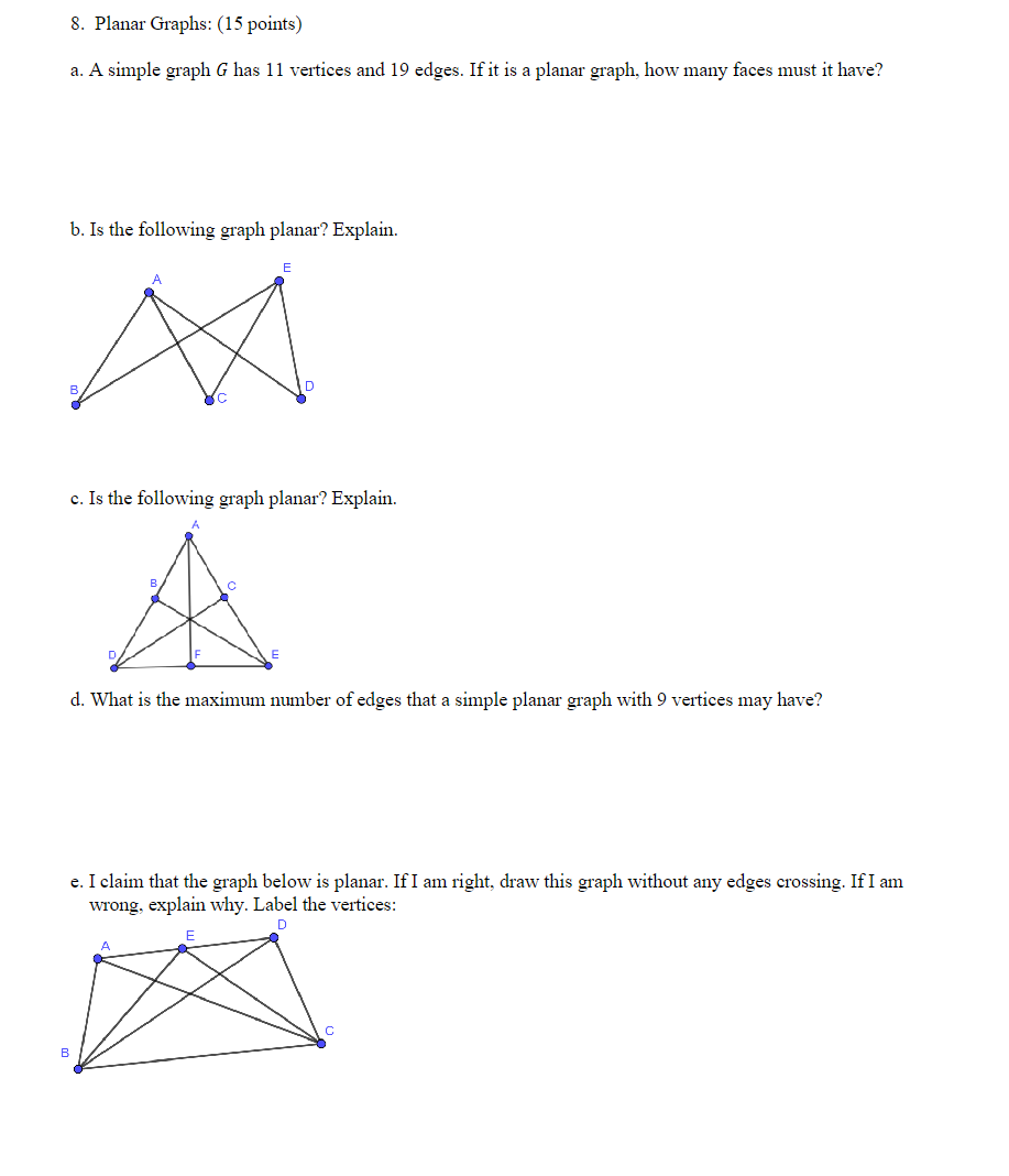 Solved 8. Planar Graphs: (15 points) a. A simple graph G has | Chegg.com