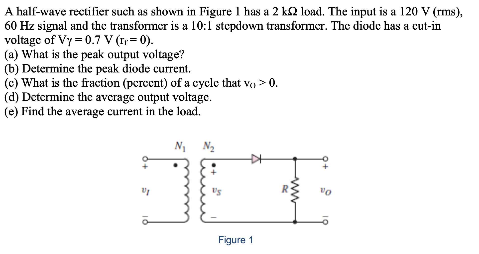 Solved A half-wave rectifier such as shown in Figure 1 has a | Chegg.com