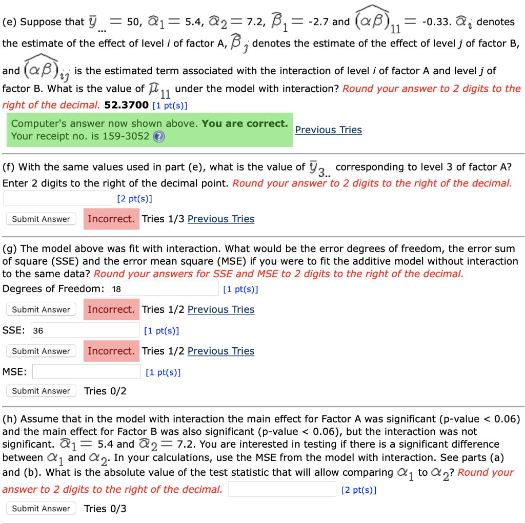 Solved A Two Way Analysis Of Variance Model With Interaction Chegg Com