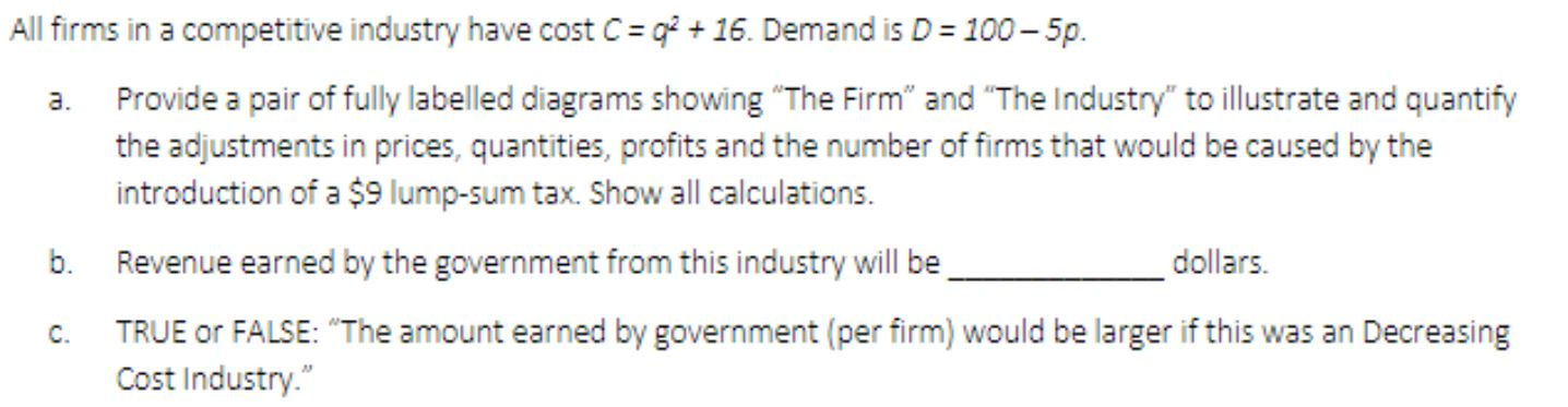 Solved All firms in a competitive industry have cost C = q2 | Chegg.com