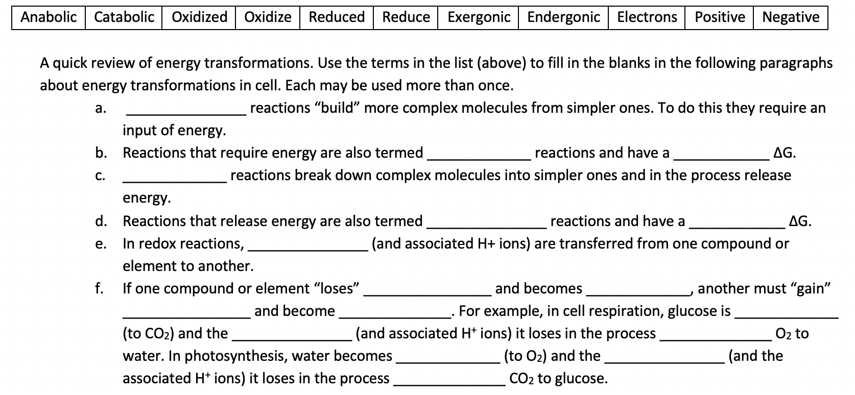 Solved Anabolic Catabolic Oxidized Oxidize Reduced Reduce | Chegg.com