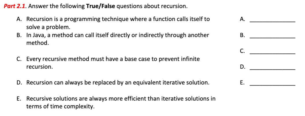 Solved Part 2.1. Answer the following True/False questions | Chegg.com