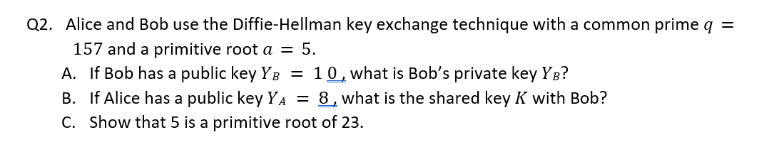 Solved Q1. Alice and Bob use the Diffie-Hellman key exchange | Chegg.com