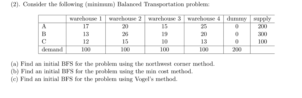 Solved (2). Consider the following (minimum) Balanced | Chegg.com