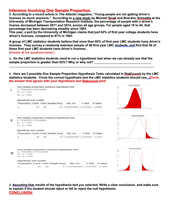 Solved Inference Involving One Sample Proportion. 3. | Chegg.com
