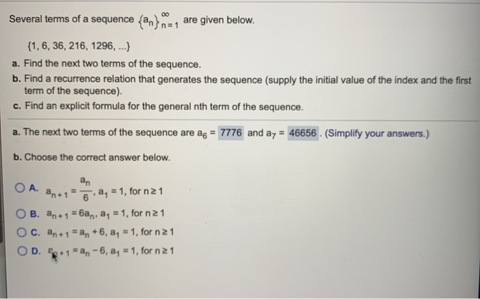 Solved Several terms of a sequence fanns1 are given below. | Chegg.com