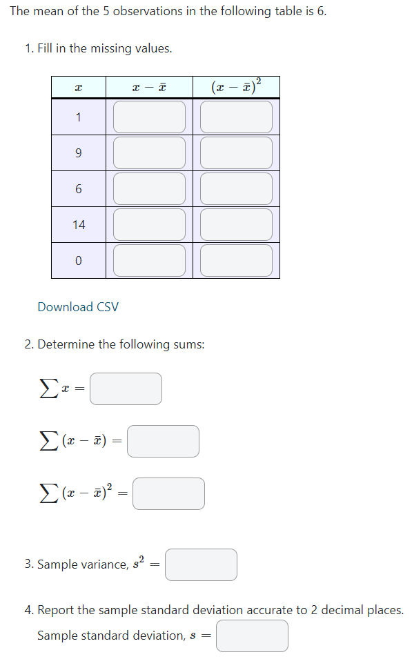 Solved The mean of the 5 observations in the following table | Chegg.com