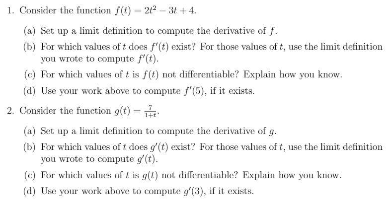 Solved 1. Consider the function f(t) = 2t2 - 3t + 4. (a) Set | Chegg.com