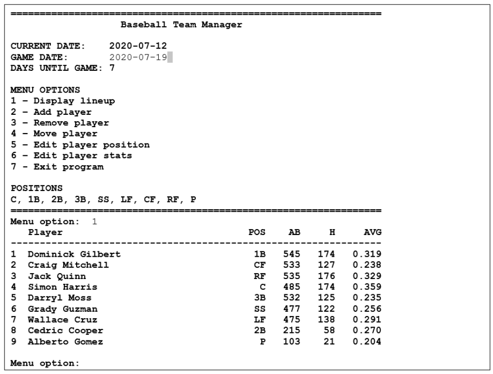 Solved Python project: Convert the Baseball Team Manager | Chegg.com