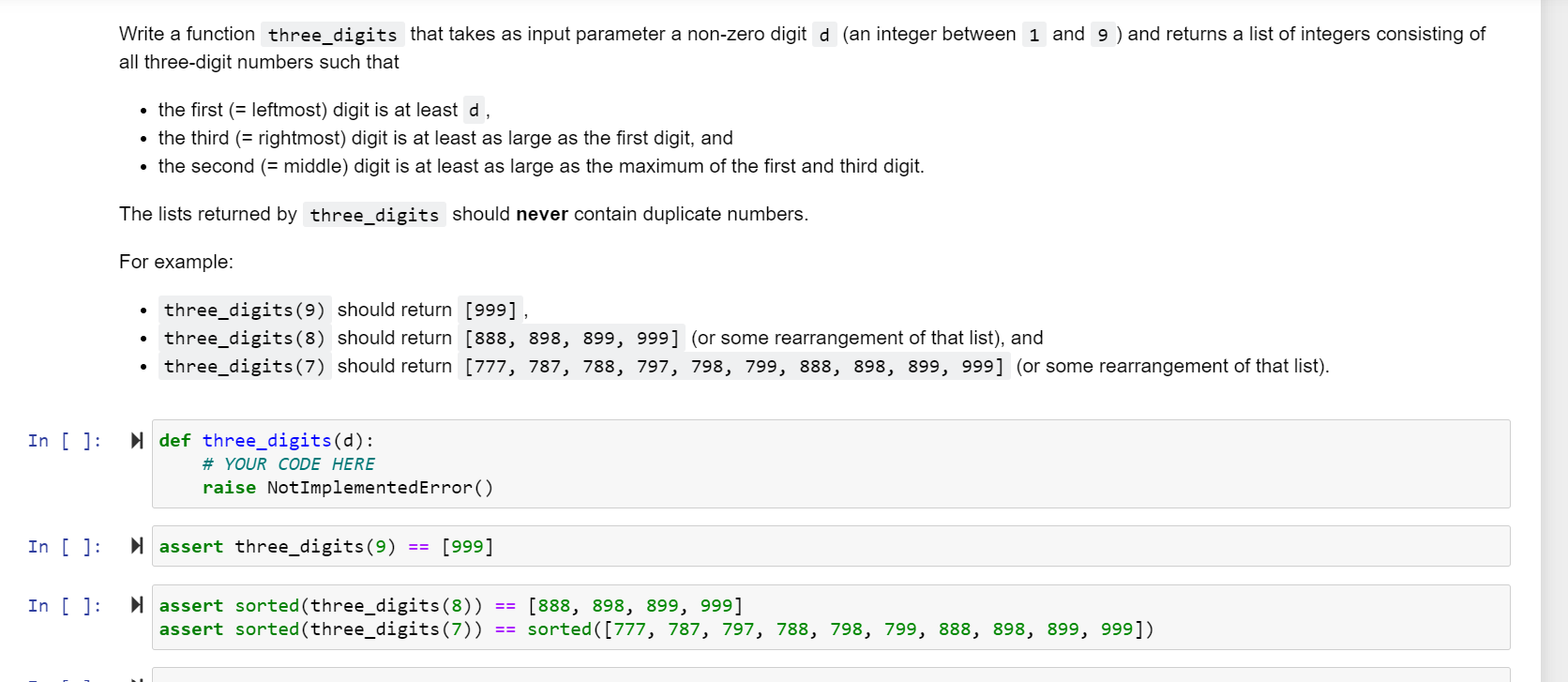Solved Write a function three_digits that takes as input | Chegg.com