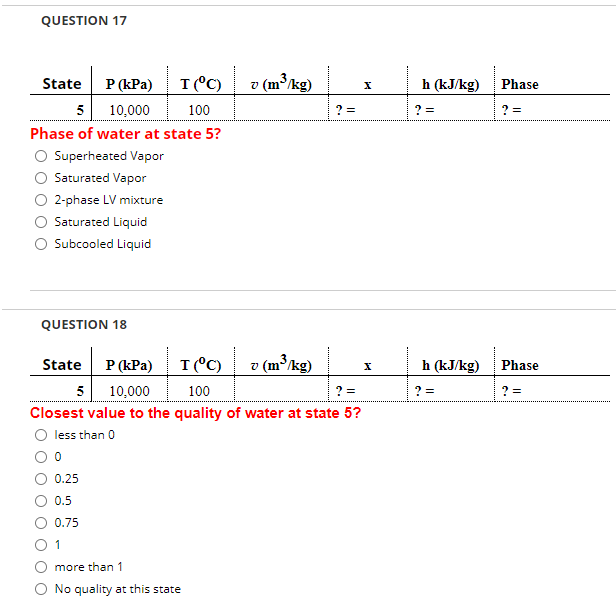Solved QUESTION 17 V (m2/kg) Phase H (kJ/kg) ? = ? = ? =