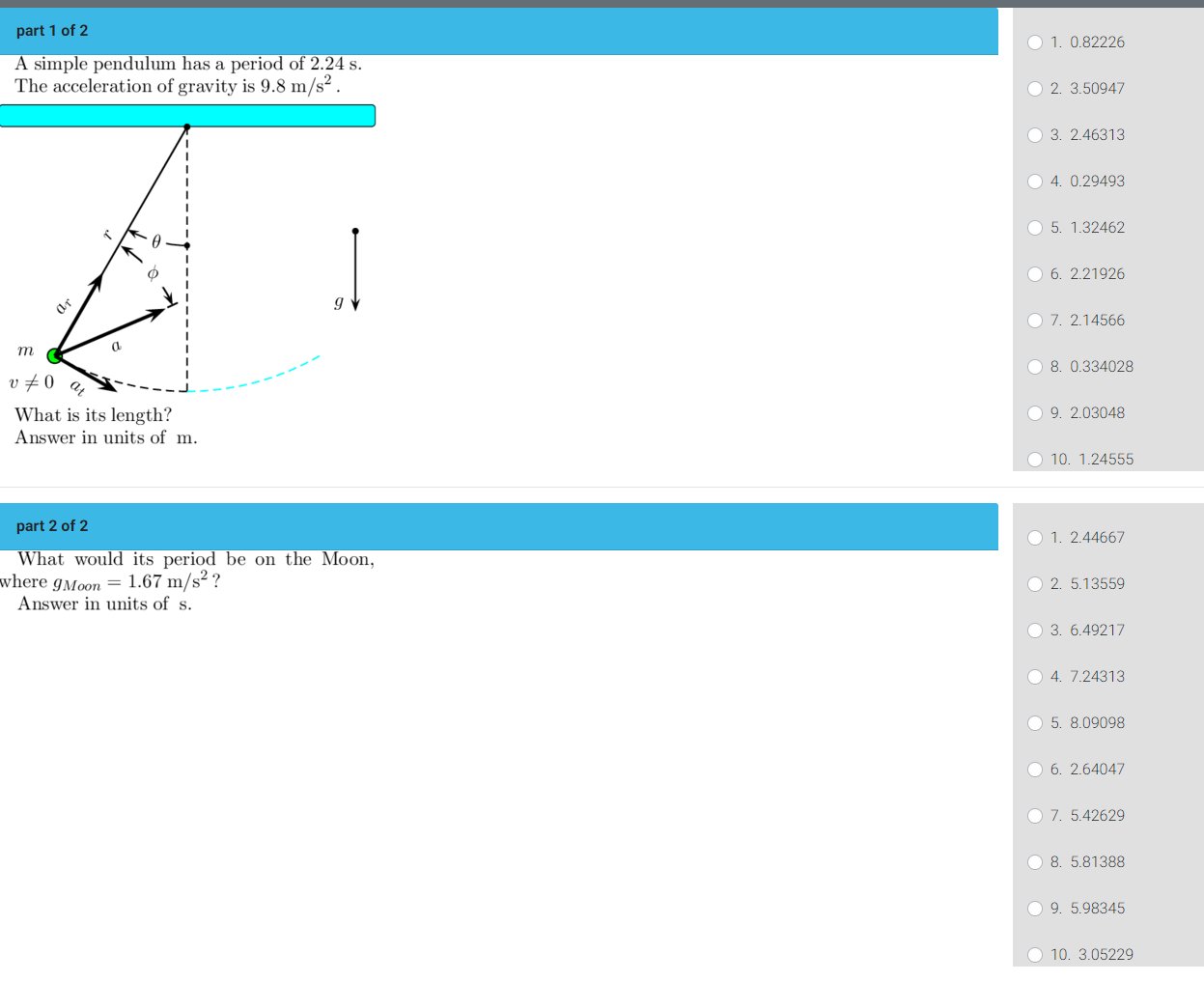 Solved part 1 of 2 1. 0.82226 A simple pendulum has a period | Chegg.com