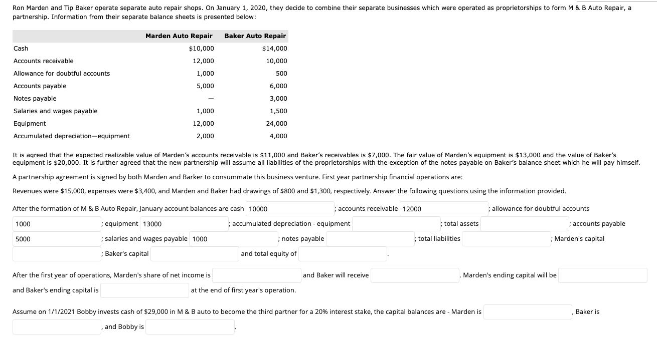 Solved Ron Marden and Tip Baker operate separate auto repair