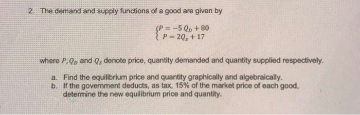 Solved 2. The demand and supply functions of a good are | Chegg.com