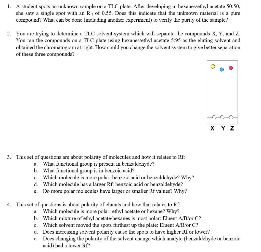 Solved 1. A student spots an unknown sample on a TLC plate. | Chegg.com