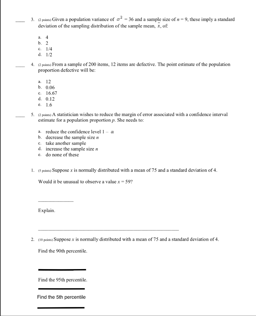 Solved 3. (2 points) Given a population variance of o =36 | Chegg.com