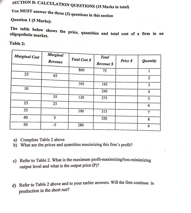 Solved SECTION B: CALCULATION QUESTIONS (15 Marks In Total) | Chegg.com