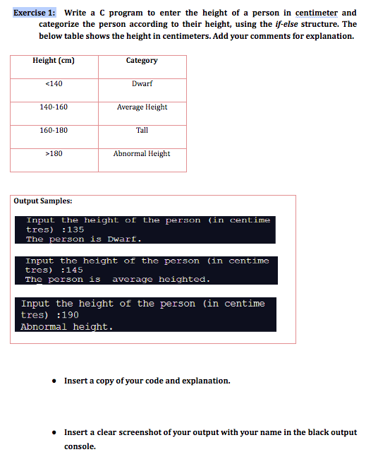 Solved Exercise 1: Write a C program to enter the height of | Chegg.com