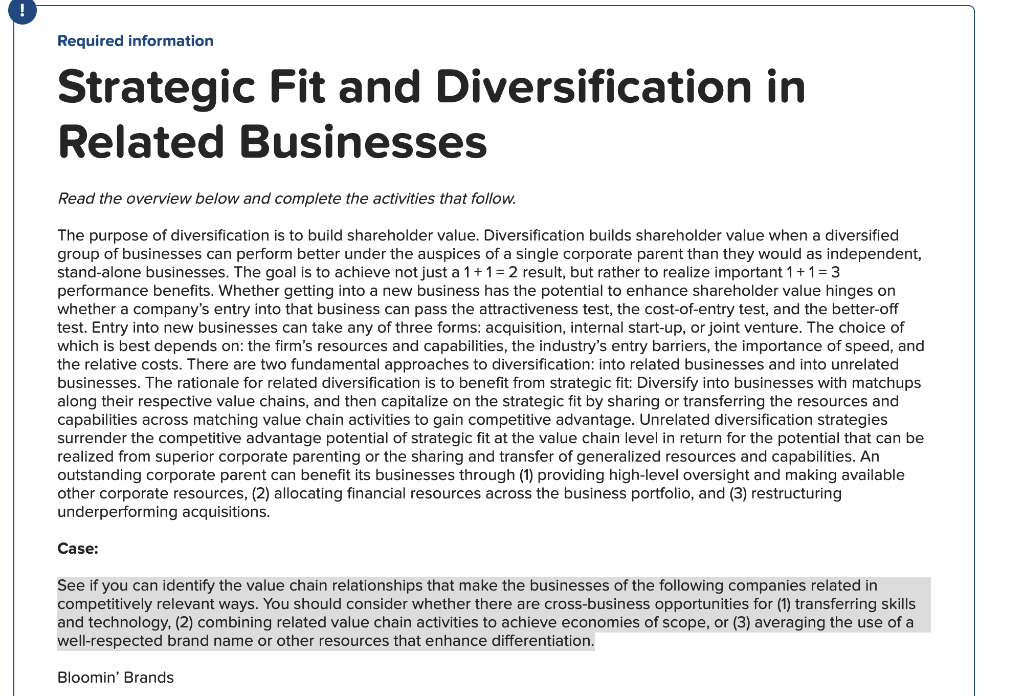 Required Information Strategic Fit And Diversifica Chegg Com