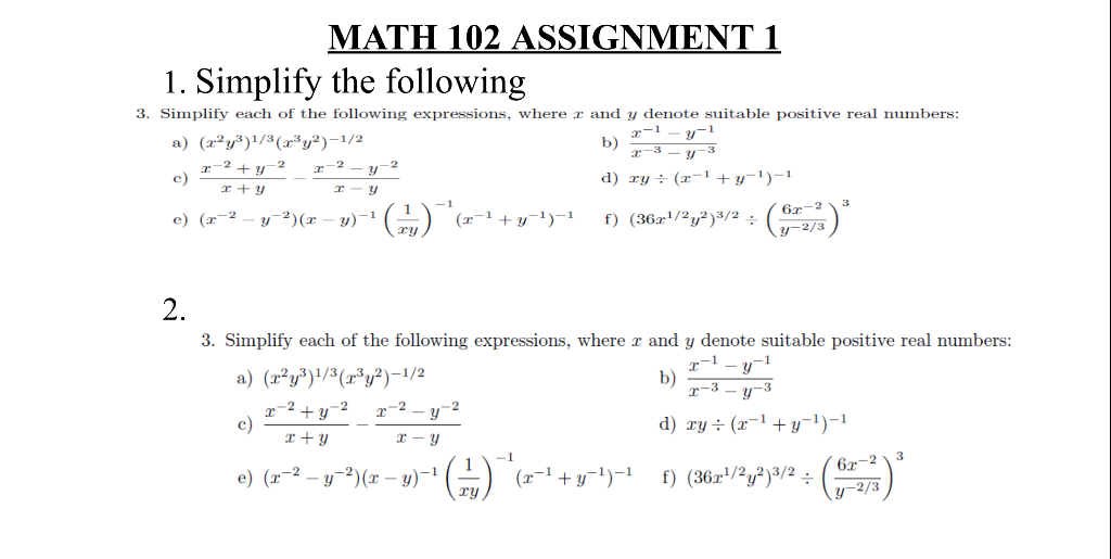 Solved Math 102 Assignment 1 1 Simplify The Following 3 Chegg Com