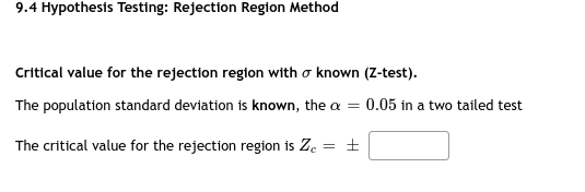 Solved 9.4 Hypothesis Testing: Rejection Region Method | Chegg.com