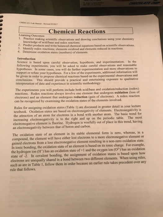 CHEM 1211 Lab Manual Revned 05201 Chemical Reactions | Chegg.com