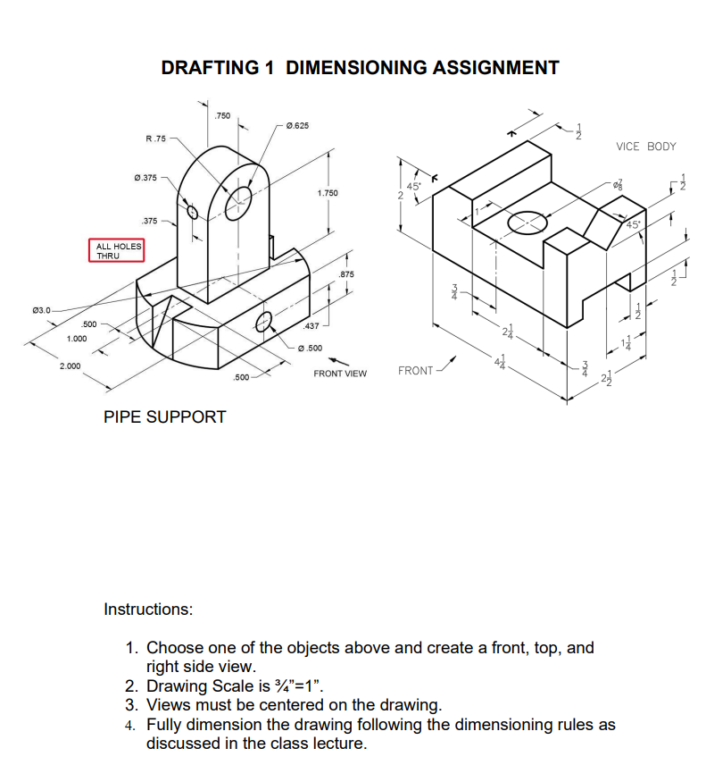 Solved DRAFTING 1 DIMENSIONING ASSIGNMENT .750 2,625 2 R.75 | Chegg.com