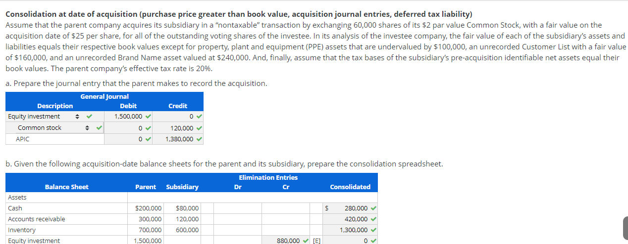 Solved Consolidation at date of acquisition (purchase price 