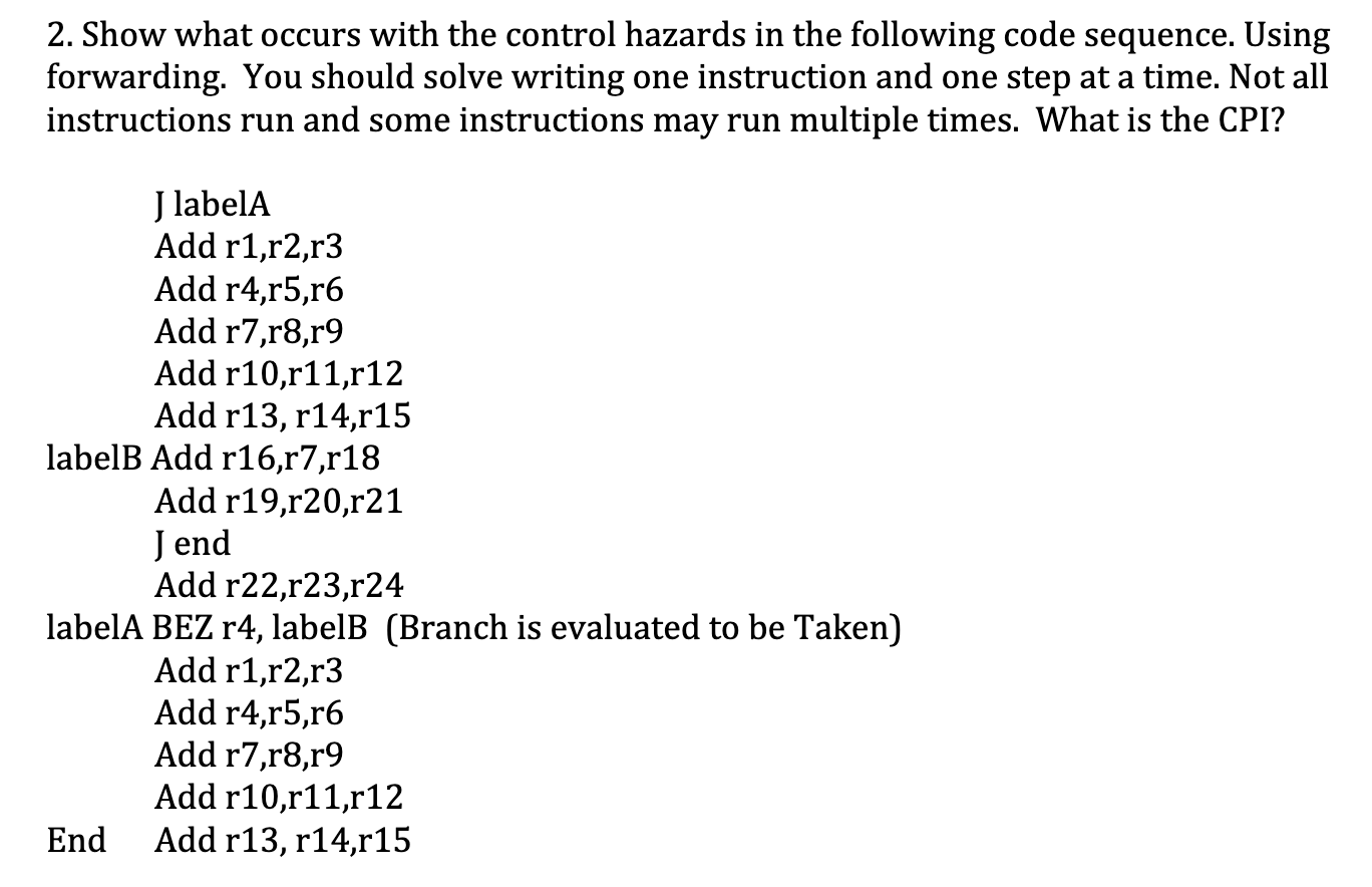 Solved 2. Show what occurs with the control hazards in the Chegg