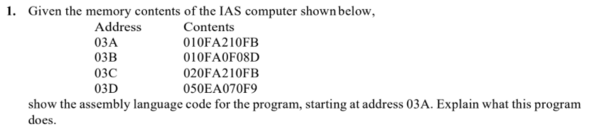 Solved 1. Given the memory contents of the IAS computer | Chegg.com