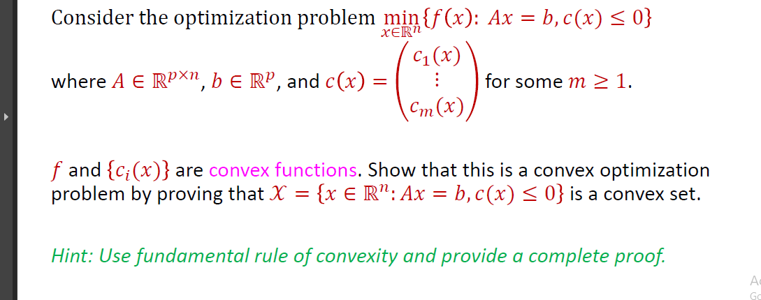 Xern Consider The Optimization Problem Min F X A Chegg Com