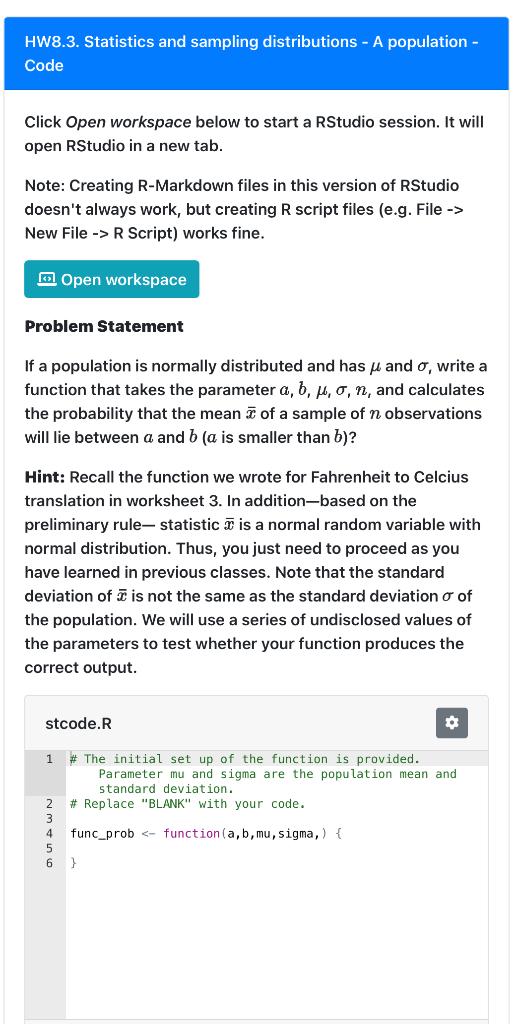Solved HW8.3. Statistics and sampling distributions - A | Chegg.com