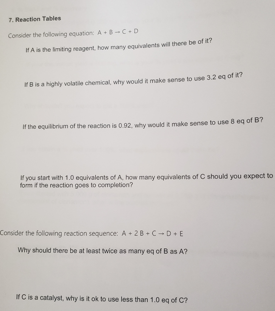 7. Reaction Tables Consider the following equation: A | Chegg.com