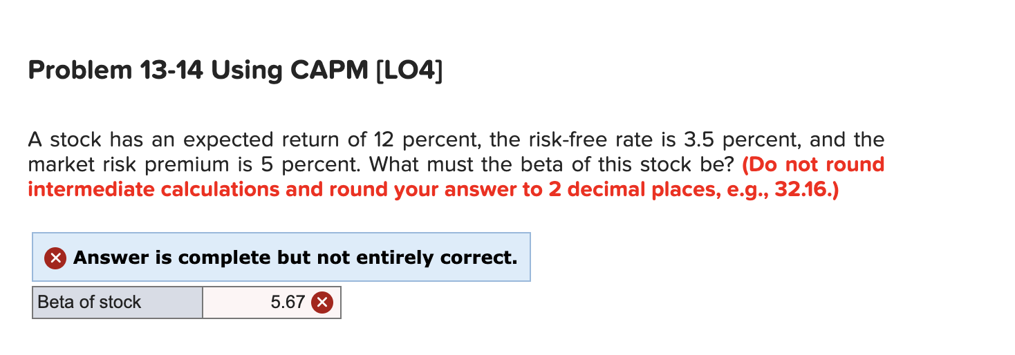 Solved Problem 1314 Using CAPM (LO4] A stock has an