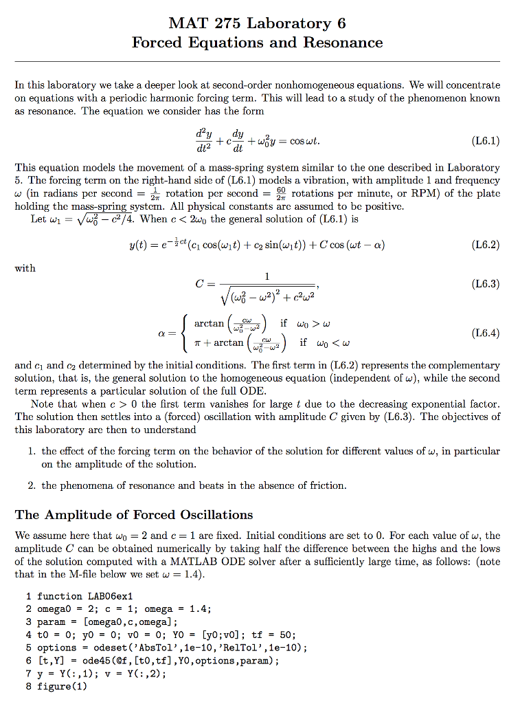 Solved MAT 275 Laboratory 6 Forced Equations And Resonance | Chegg.com