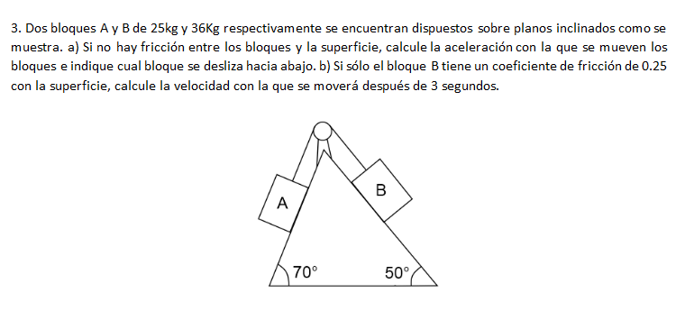 3. Dos bloques A y B de \( 25 \mathrm{~kg} \) y \( 36 \mathrm{Kg} \) respectivamente se encuentran dispuestos sobre planos in