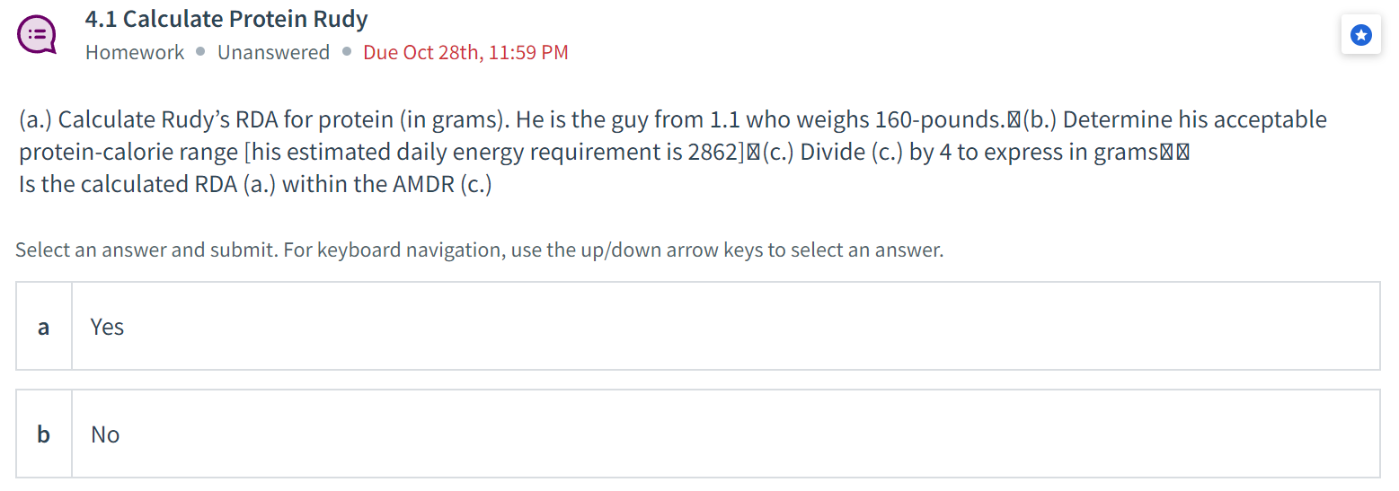 Solved (a.) Calculate Rudy's RDA for protein (in grams). He | Chegg.com