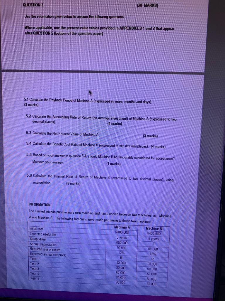Solved QUESIDN 5 Use the information given below to answer | Chegg.com