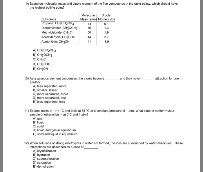 Solved 9) Based On Molecular Mass And Dipole Moment Of The 