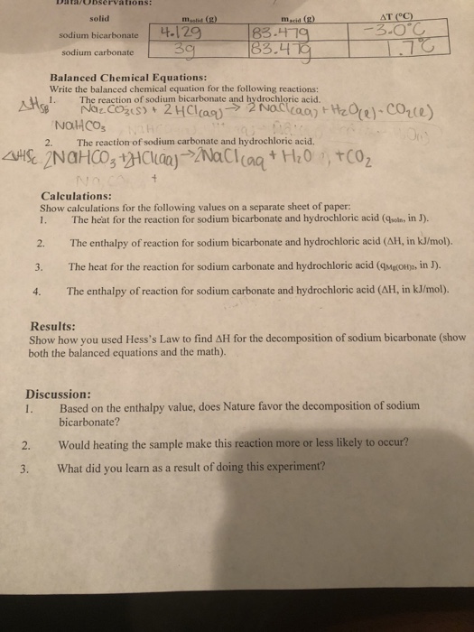 Balanced Chemical Equation For A Reaction Between Sodium Bicarbonate