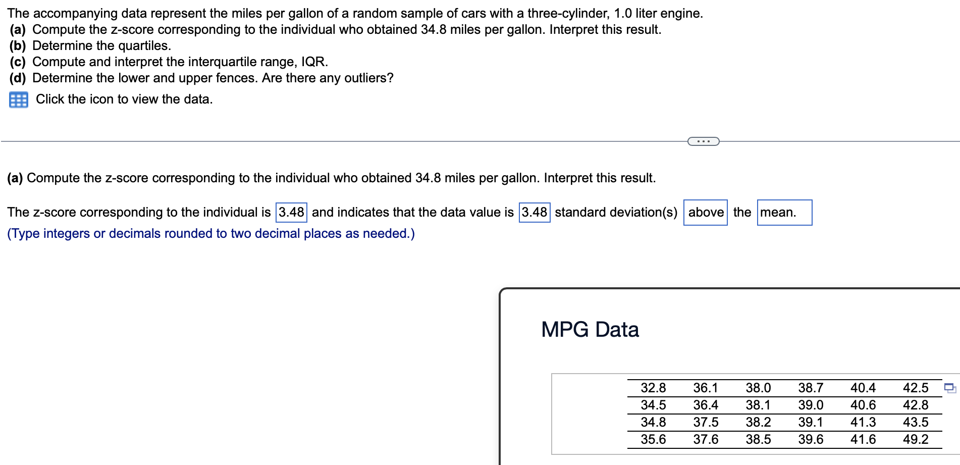 Solved The accompanying data represent the miles per gallon | Chegg.com