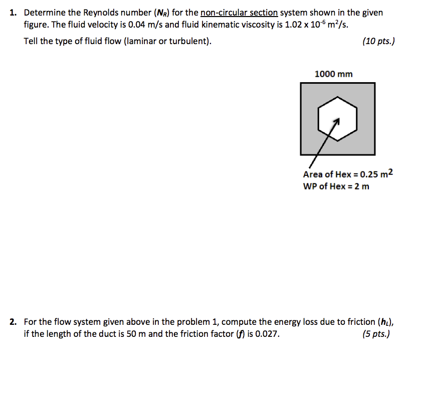 Solved 1. Determine the Reynolds number (NR) for the | Chegg.com
