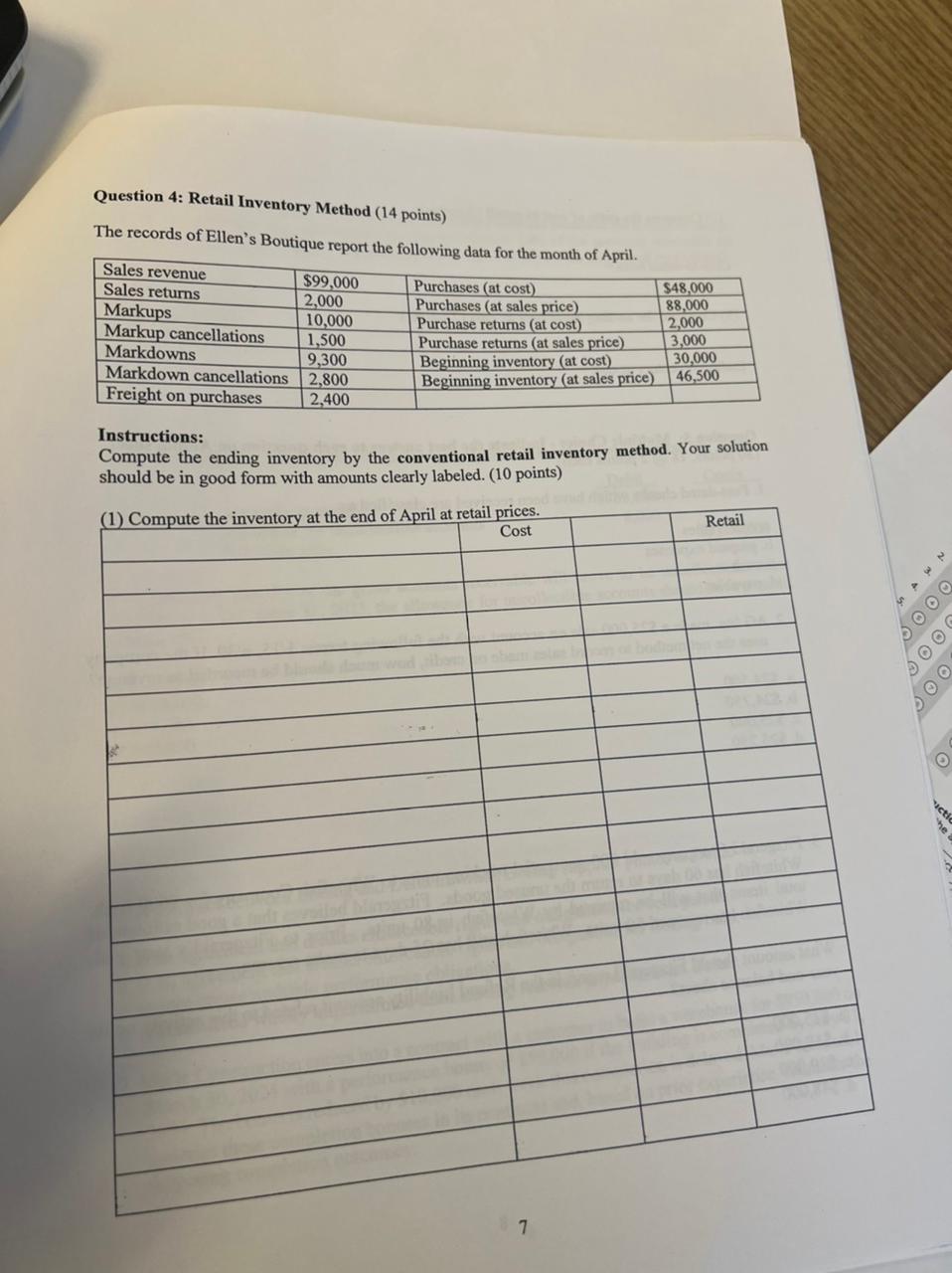 Solved Question 4: Retail Inventory Method (14 points) The | Chegg.com