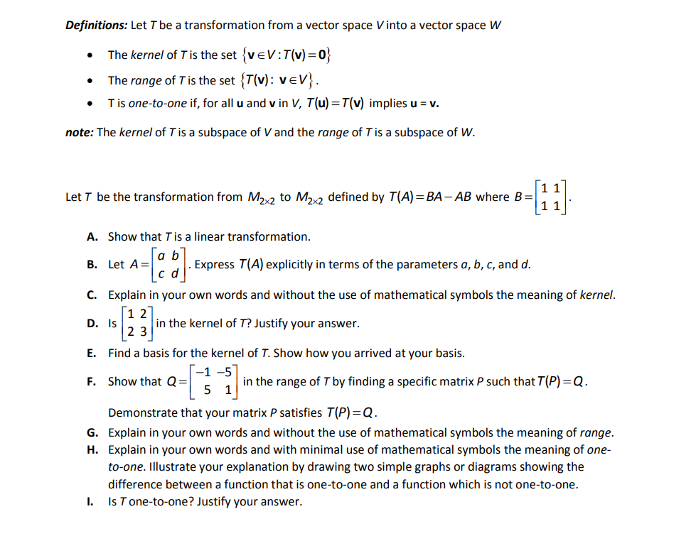 Solved Definitions: Let T be a transformation from a vector | Chegg.com