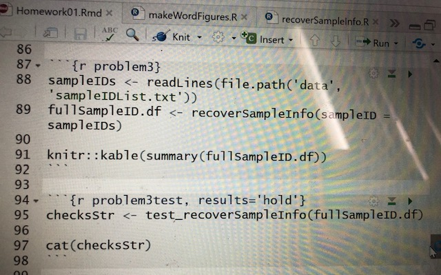 Homework01.Rmd x @makeWordFigures.Rx ® recover SampleInfo.R » ABCQ 3 Knit - - + Insert Î 3 Run 86 87- {r problem3} 88 sample